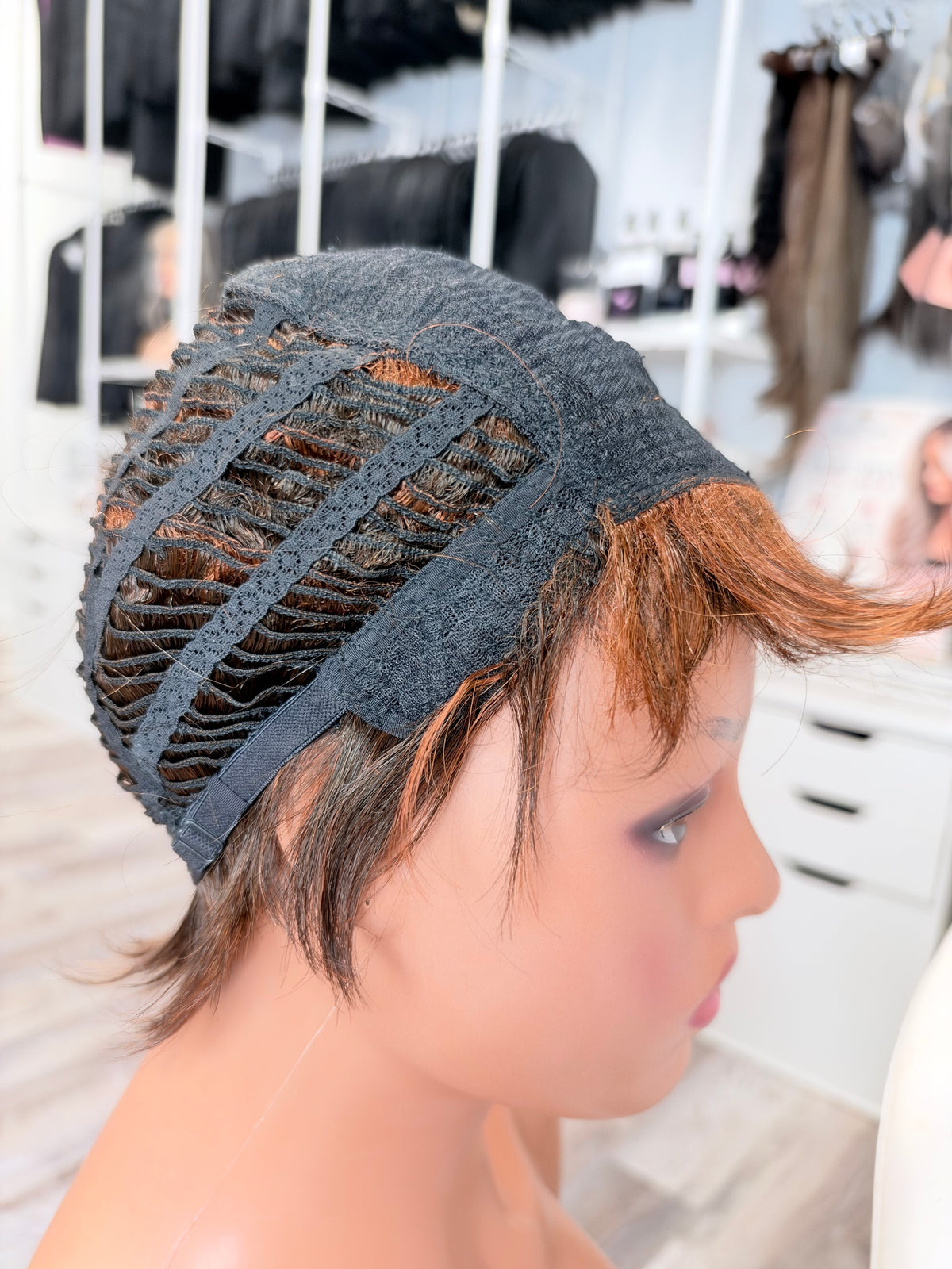 Wig Vault: “DG/ 18” - Short Brown Choppy Spiky Pixie with Copper Highlights | Pre-Loved | Wigs Canada