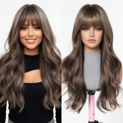 A product listing image showing a long, wavy brown wig with straight bangs displayed on a mannequin head and modeled by a woman. The top of the image has a gray banner with the text 'SWLC3157-3BR24' and the number '3'.
