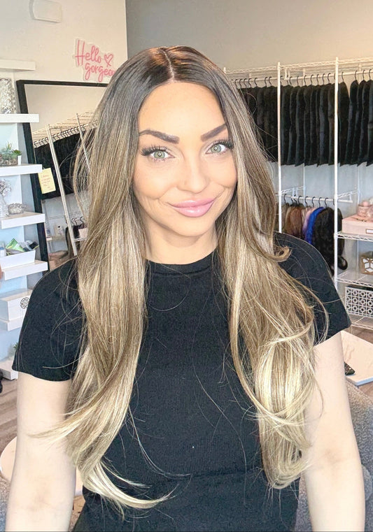 Kara - 28-Inch Dirty Blonde Ombré | T-Part Cap | Glueless & Customizable image 0