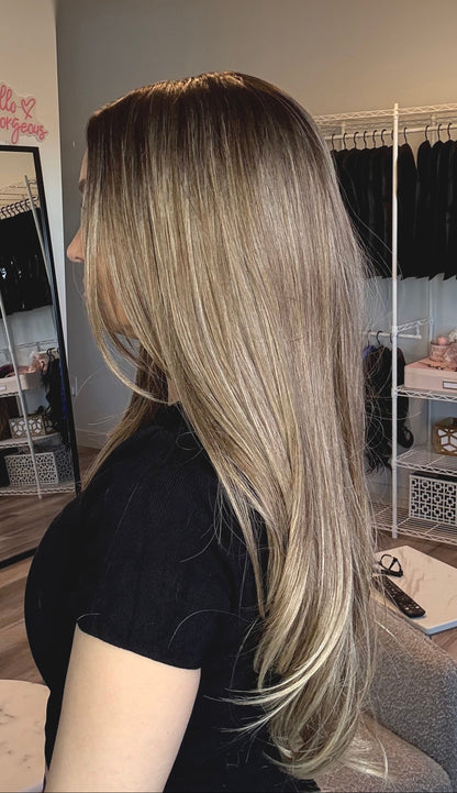 Kara - 28-Inch Dirty Blonde Ombré | T-Part Cap | Glueless & Customizable image 6