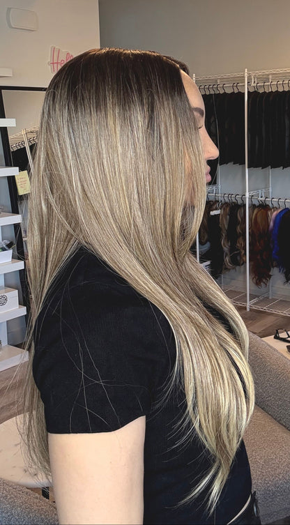 Kara - 28-Inch Dirty Blonde Ombré | T-Part Cap | Glueless & Customizable image 7