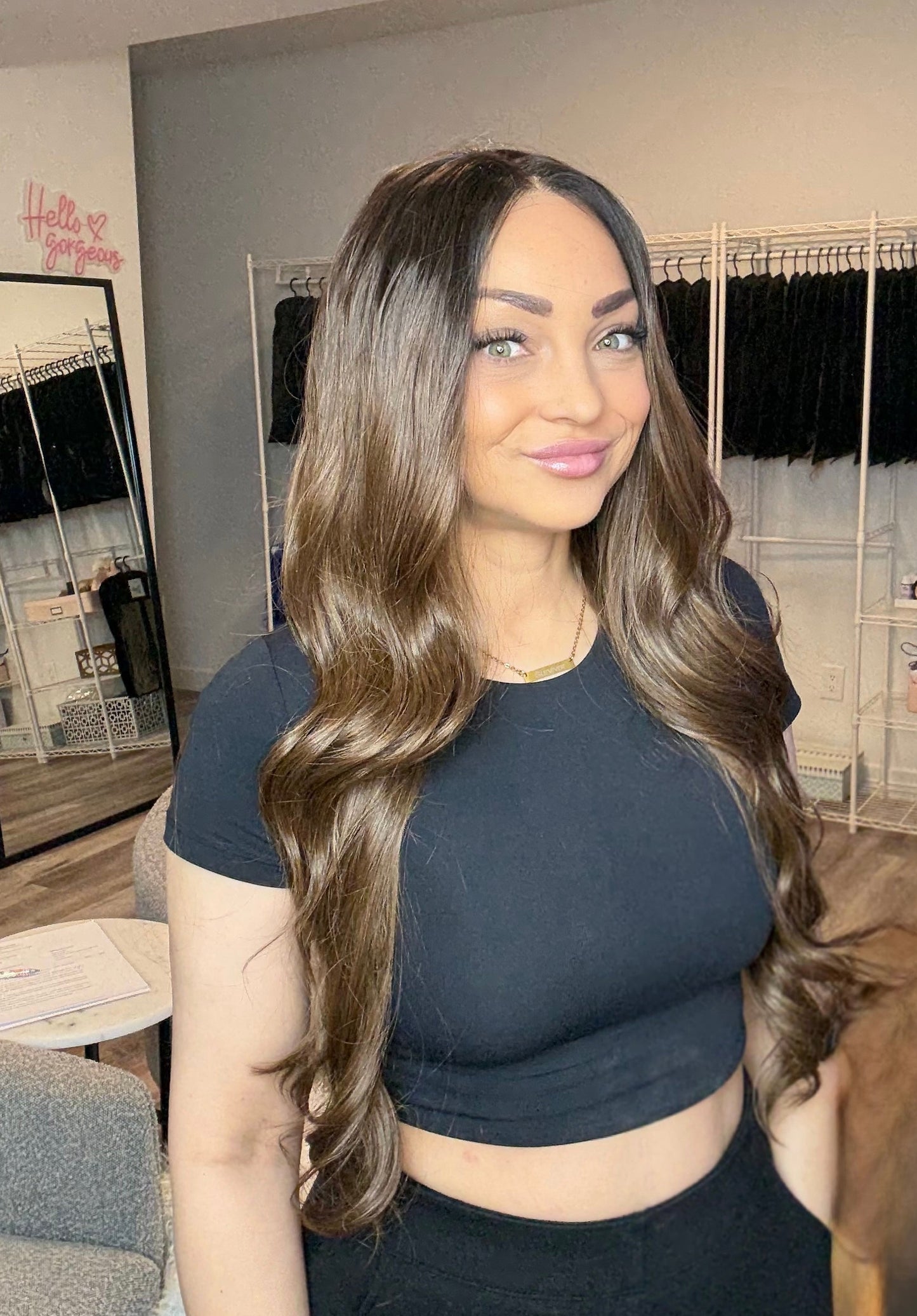 Long Brown Wig with Dark Roots 