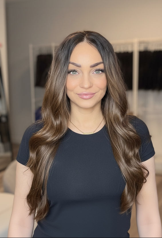 Long Brown Wig with Dark Roots 