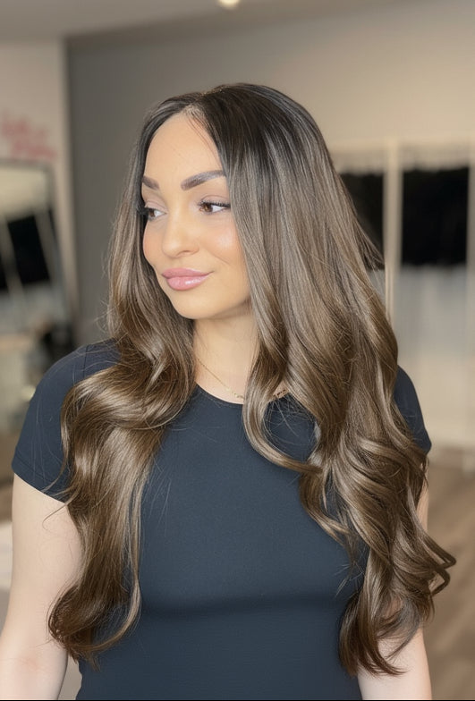 Long Brown Wig with Dark Roots 