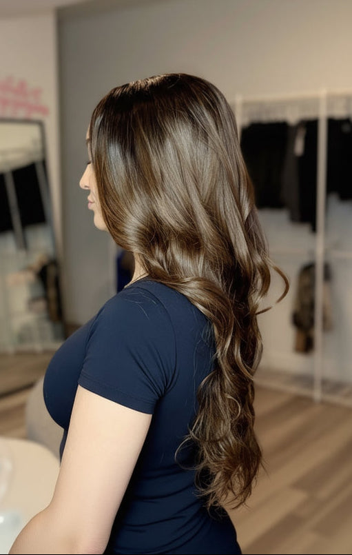 Woman with long hair standing in a room with mirrors and clothing racks.