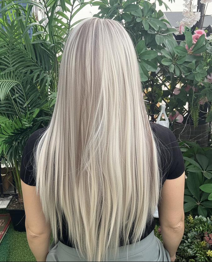 Long Straight Blonde w/brown lowlights wig