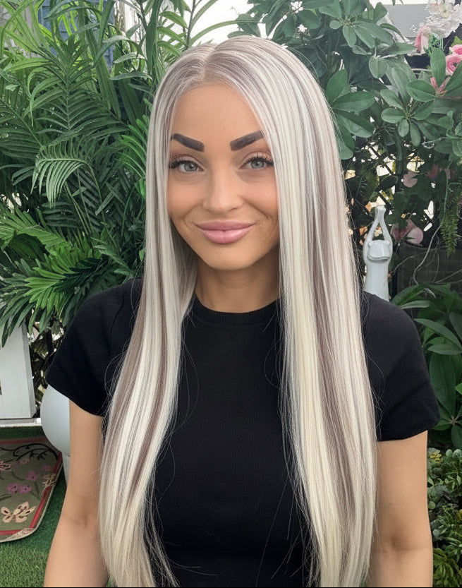 Long Straight Blonde w/brown lowlights wig