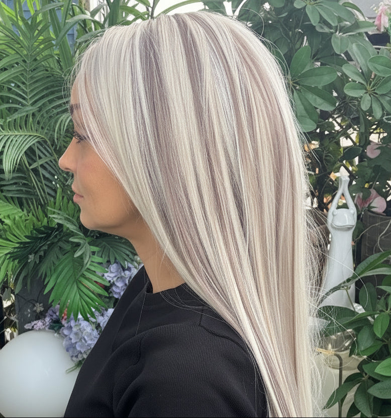 Long Straight Blonde w/brown lowlights wig