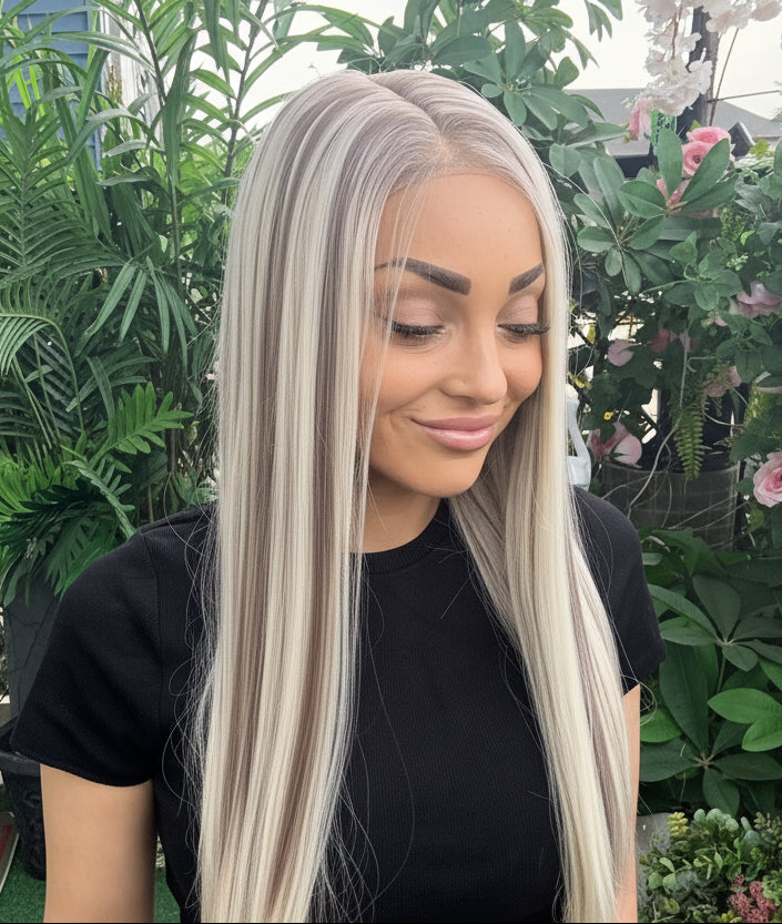 Long Straight Blonde w/brown lowlights wig
