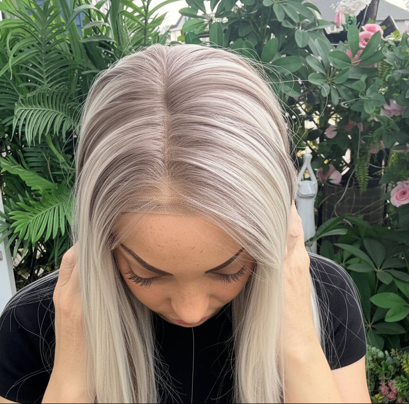 Long Straight Blonde w/brown lowlights wig