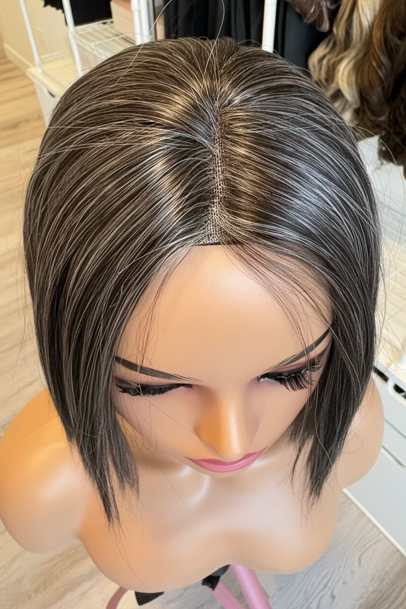 Mannequin head with a brown wig on a wooden floor.