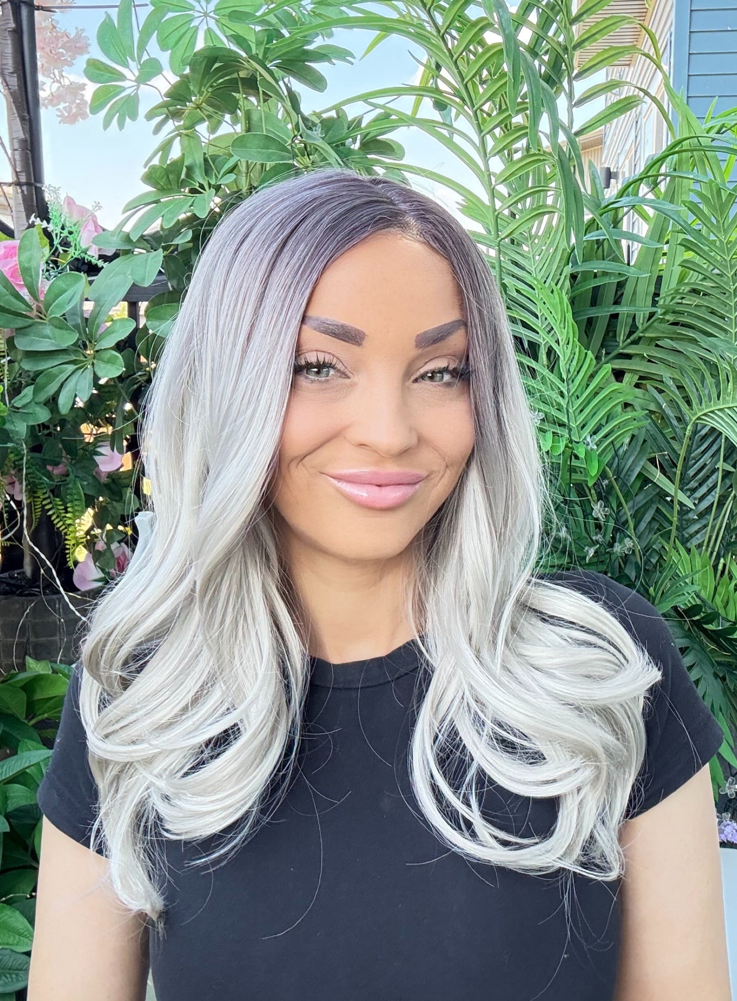 Ash Blonde Wig with Dark Brown Roots With Light Body Curl