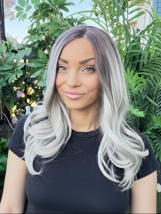 Ash Blonde Wig with Dark Brown Roots With Light Body Curl