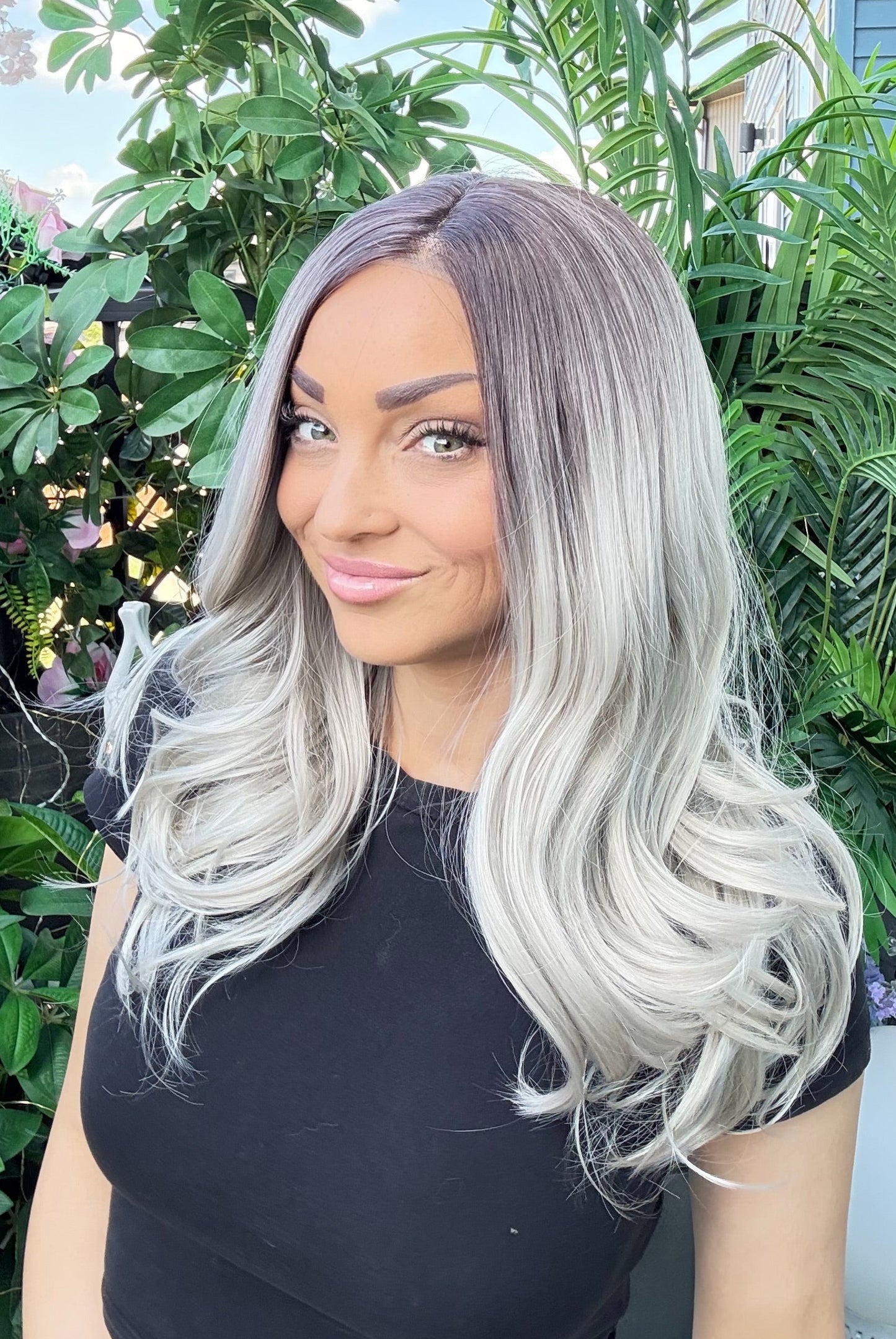 Ash Blonde Wig with Dark Brown Roots With Light Body Curl