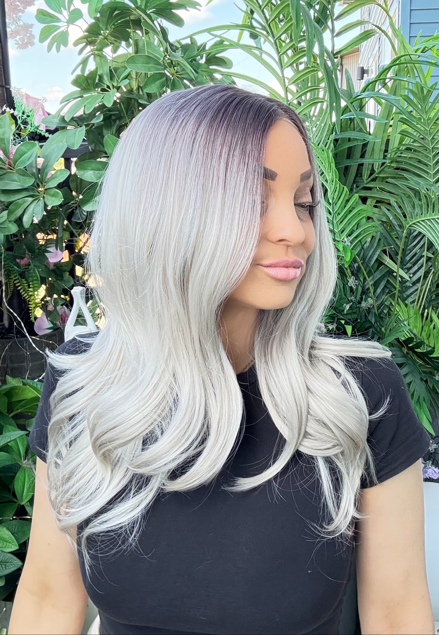 Ash Blonde Wig with Dark Brown Roots With Light Body Curl