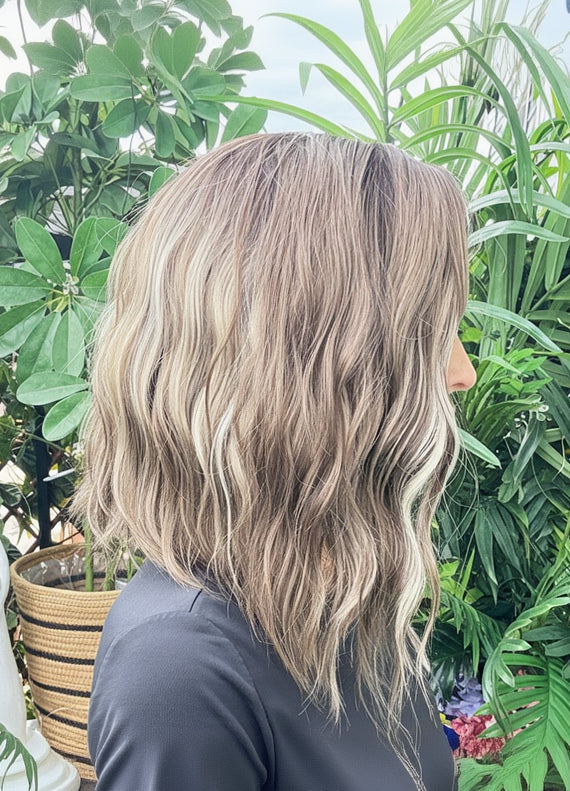 Person with wavy hair standing in front of green plants