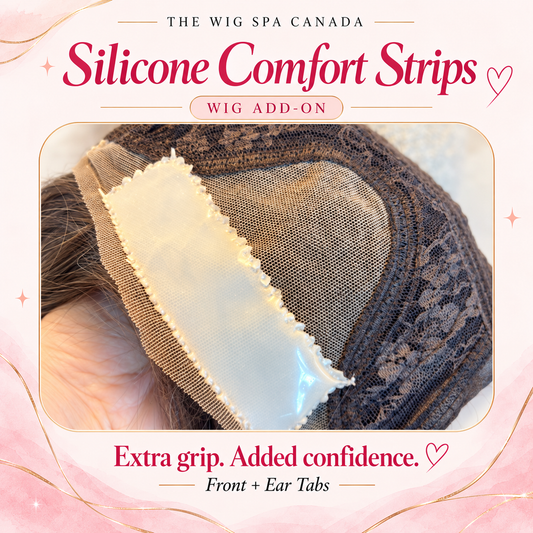 A promotional graphic for 'The Wig Spa Canada' showing a close-up of a lace front wig with beige silicone comfort strips on the inside crown. The graphic features pink text reading 'Silicone Comfort Strips' and 'Front + Ear Tabs' on a soft pink background with decorative gold lines and sparkles.