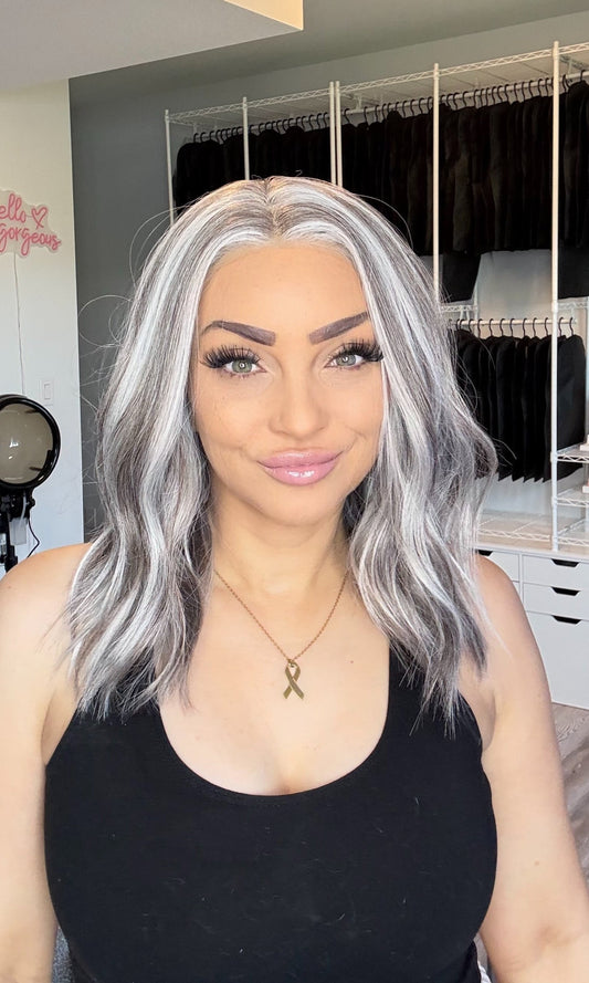 Silver Mist silver and icy blonde 13x6 lace front wig with smoky roots, The Wig Spa Canada