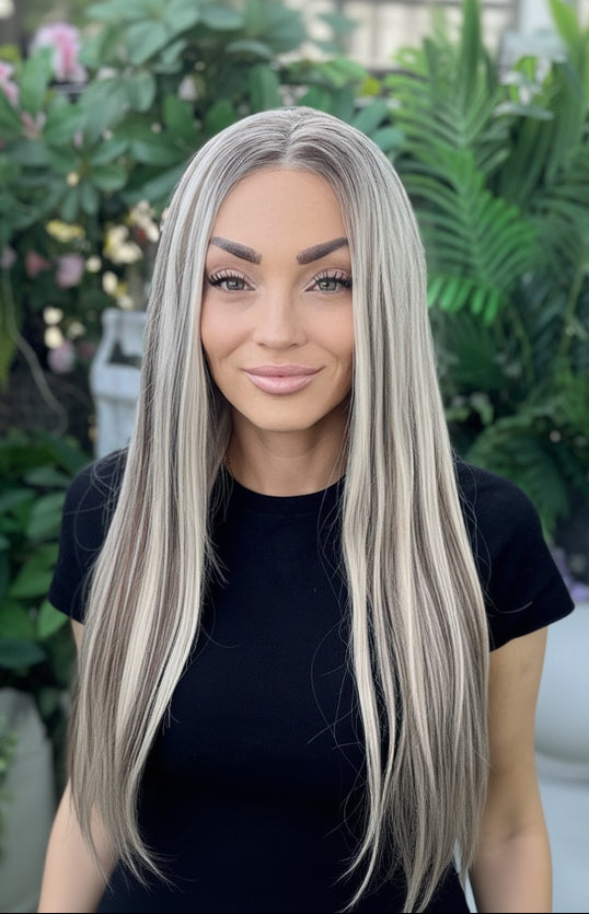 Woman with long blonde hair sitting outdoors among greenery and flowers
