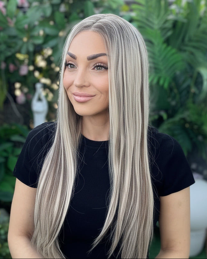 Woman with long blonde hair sitting outdoors surrounded by greenery and flowers.