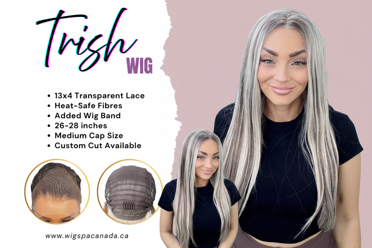 Woman with gray wig and product details on a pink background