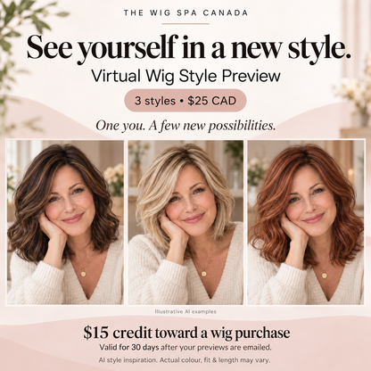 Promotional graphic for 'The Wig Spa Canada' offering a 'Virtual Wig Style Preview' with three illustrated AI-generated female hairstyles and a $25 CAD price, plus a $15 credit toward a wig purchase.