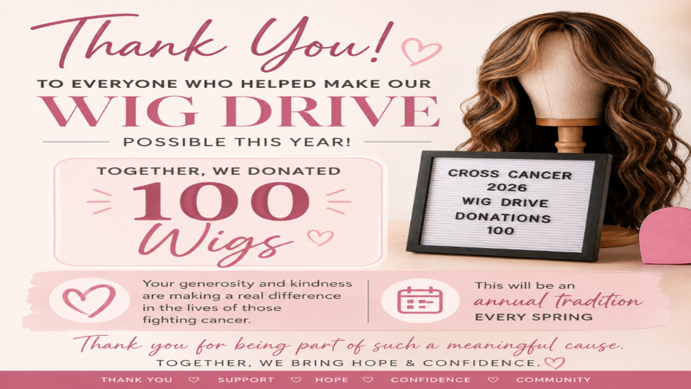 Thank you poster for a wig drive event with text and a mannequin head with wigs.