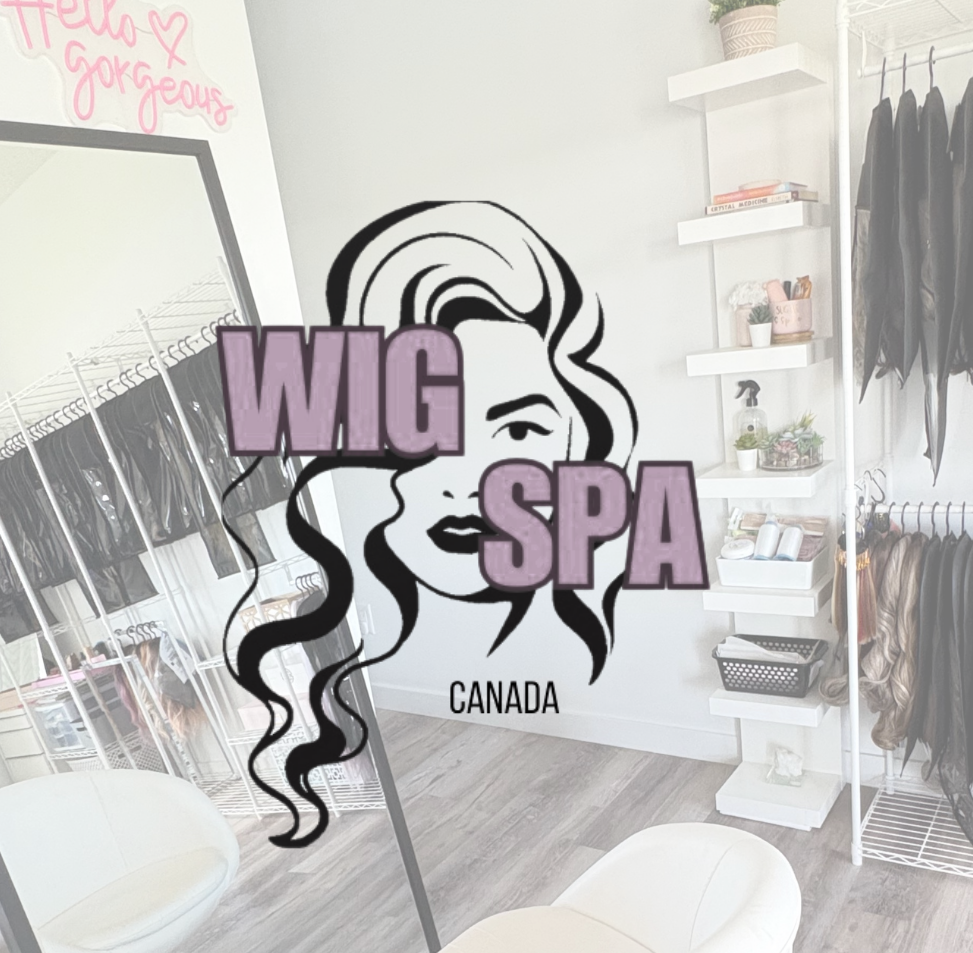 Wig store interior with a chair and shelves, featuring the Wig Spa Canada logo.