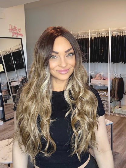 Cassidy - 30 Inch Dark Root to Dirty Blonde | Monofilament Wig | Glueless & C image 0