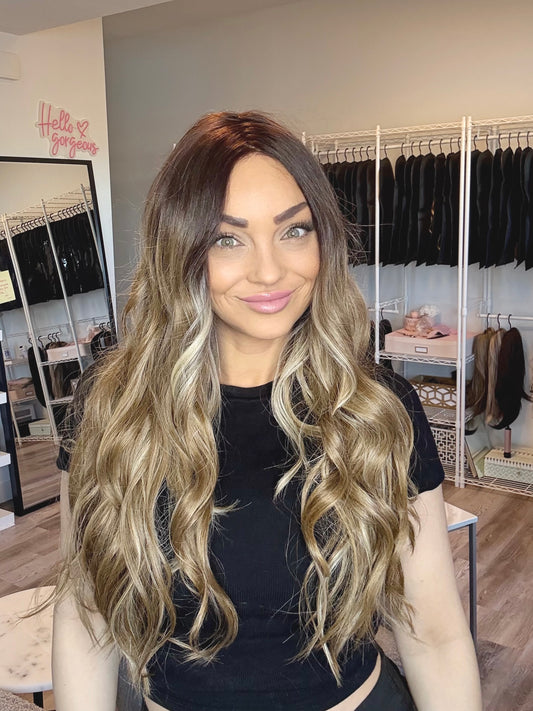 Cassidy - 30 Inch Dark Root to Dirty Blonde | Monofilament Wig | Glueless & C image 0