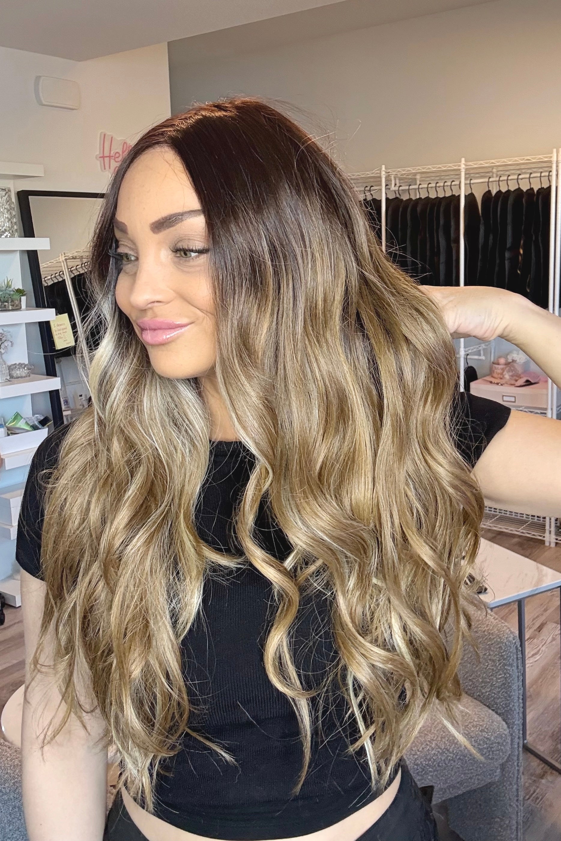 Cassidy - 30 Inch Dark Root to Dirty Blonde | Monofilament Wig | Glueless & C image 2