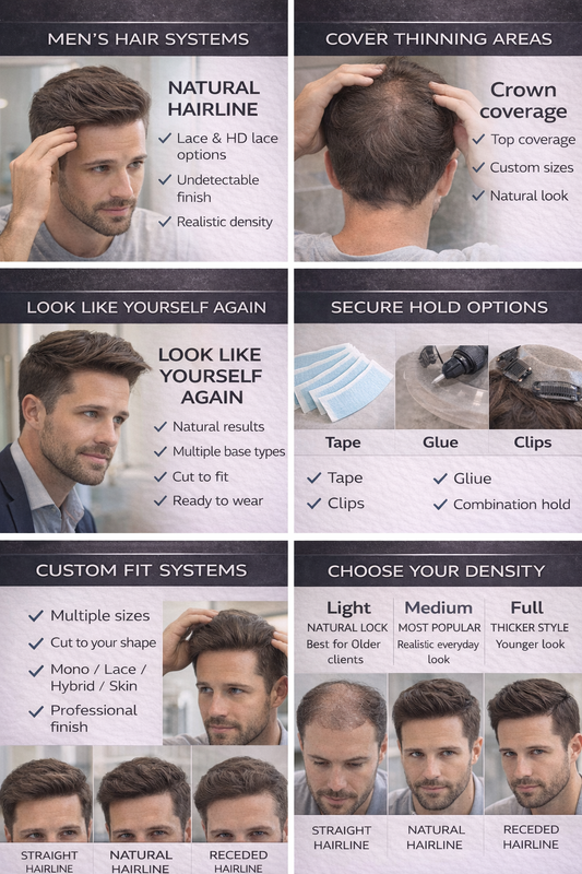 Advertisement for men's hair systems with images of men applying hair products and text detailing features.