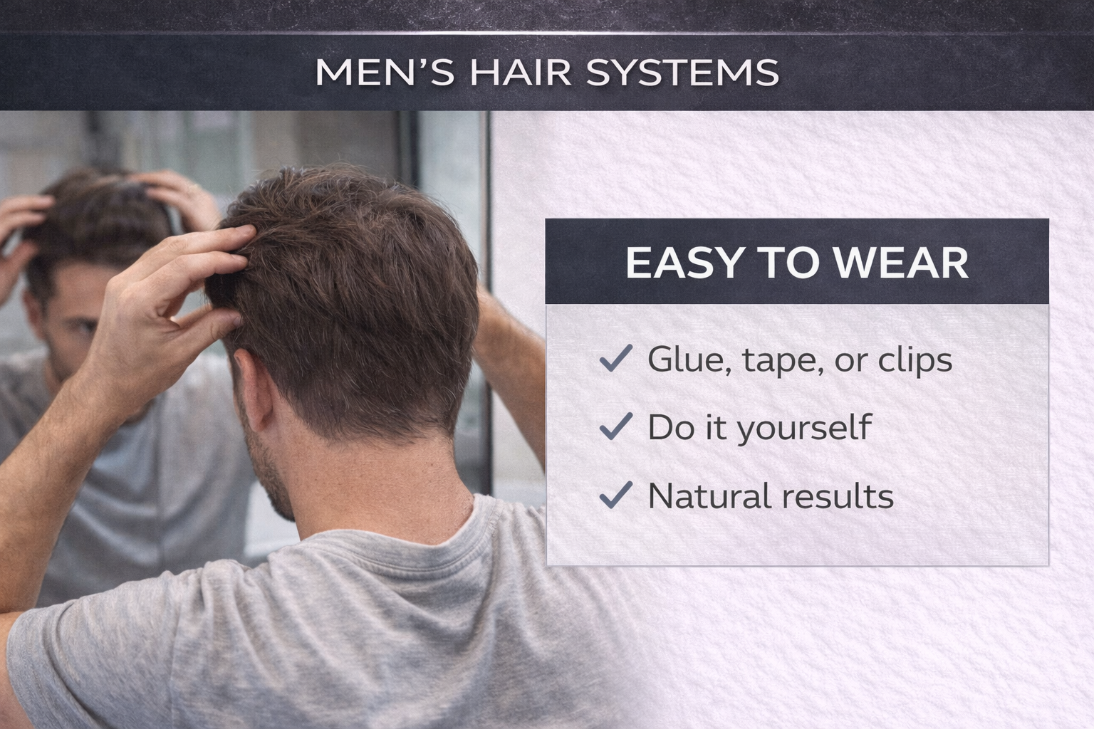 Advertisement for men's hair systems with a man adjusting his hair and text highlighting features.