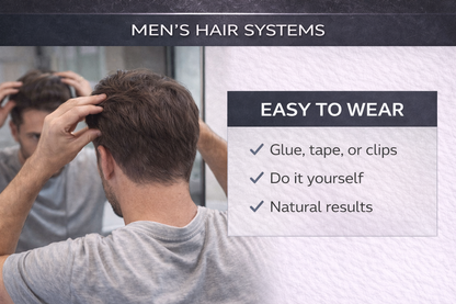 Advertisement for men's hair systems with a man adjusting his hair and text highlighting features.