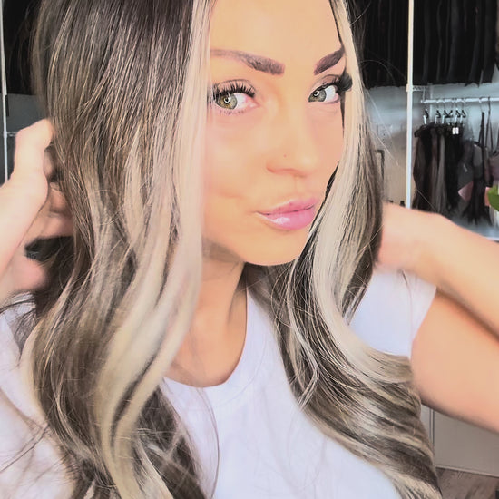 Video showing the 25-inch brown-to-blonde ombré 13x4 lace front wig on a mannequin.