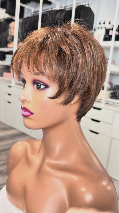 Wig Vault: “DG/ 19” - Short Brown Textured Pixie with Copper Tones | Pre-Loved | Wigs Canada