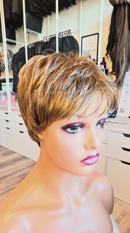 Wig Vault: “DG/ 6” - Short Pixie with Golden Blonde Highlights | Wig Pro Collection | Pre-Loved | Wigs Canada