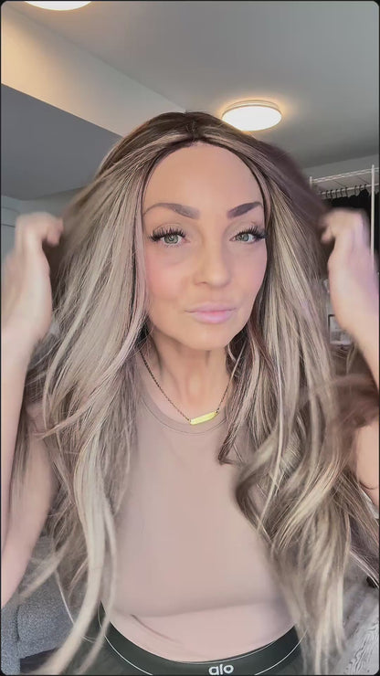 Ashely – 9x9 Silk Top Human Hair Topper | 22” | Luxury Beige Blonde Blend