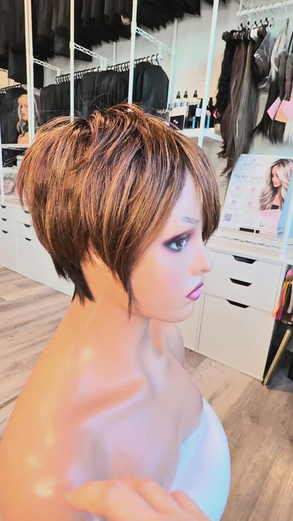 Wig Vault: “DG/ 12” - Short Brown Pixie with Copper Highlights | Mono Top | Pre-Loved | Wigs Canada