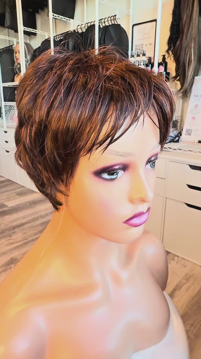 Wig Vault: “DG/ 7” — Short Brown Pixie Bob with Copper Tones | Pre-Loved | Wigs Canada